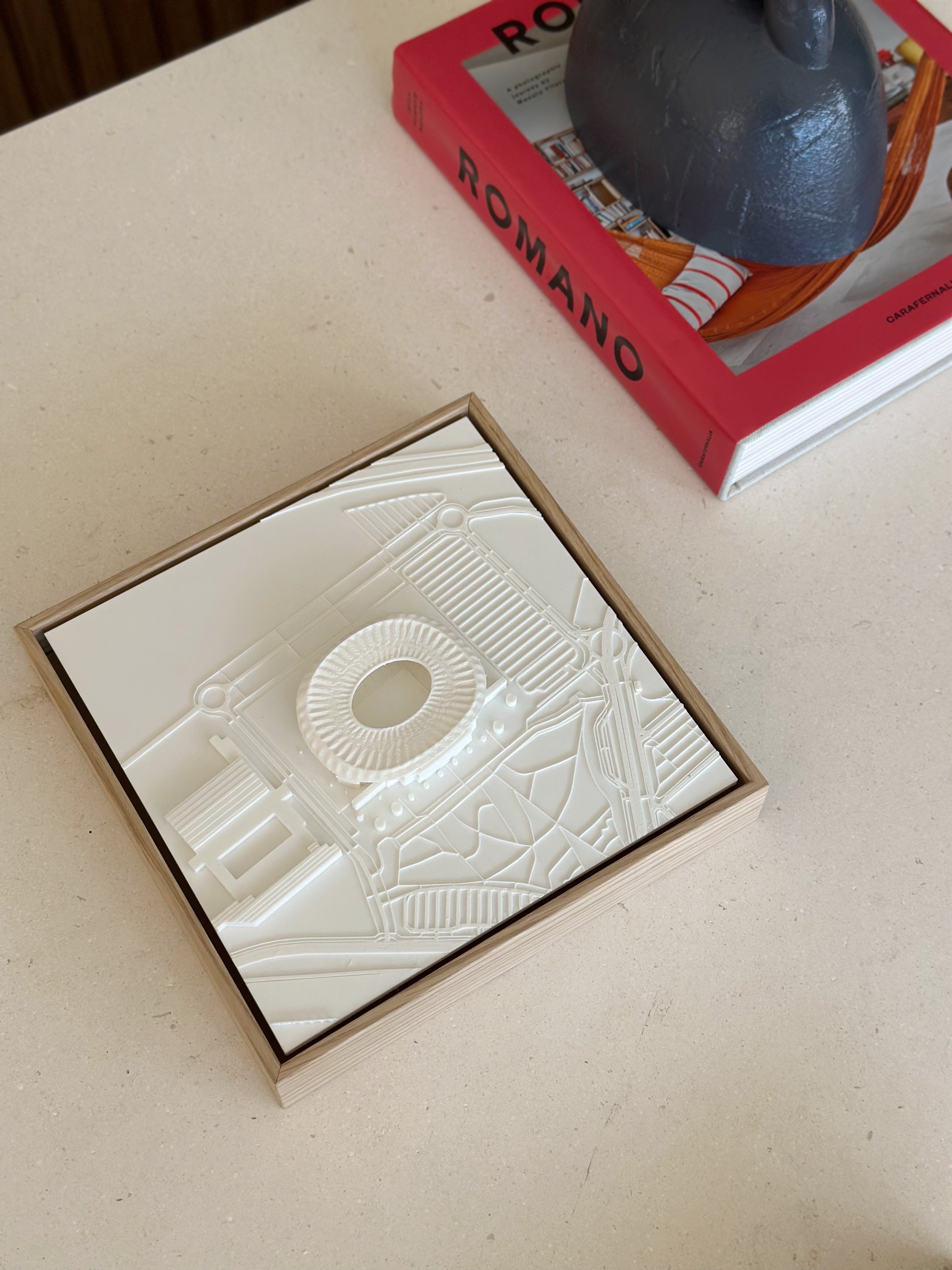 3D city map art in wooden frame on table, minimalist decor, modern urban wall art