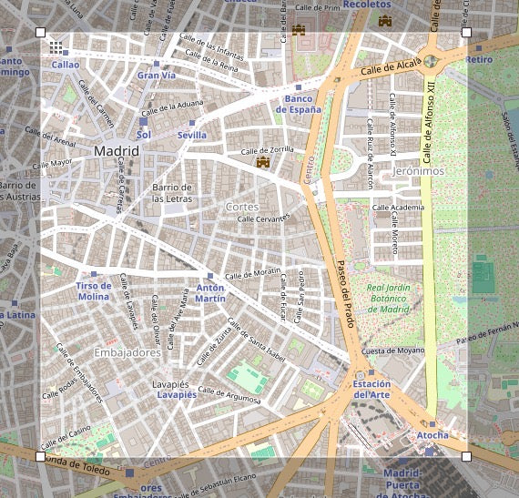 3D map artwork of central Madrid featuring streets and landmarks like Gran Vía and Retiro Park