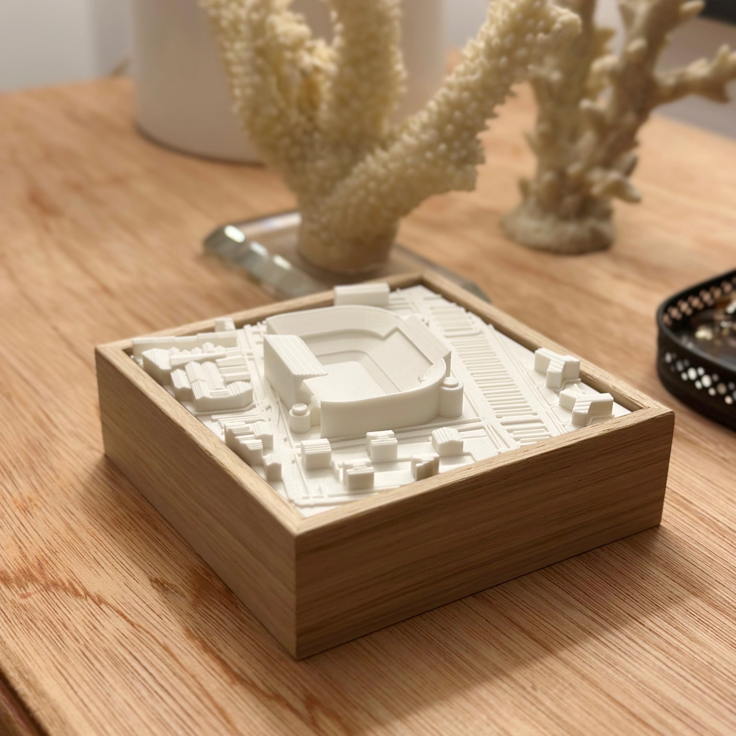 3D city map wall art in a wooden frame displayed on a wooden table with decorative coral.