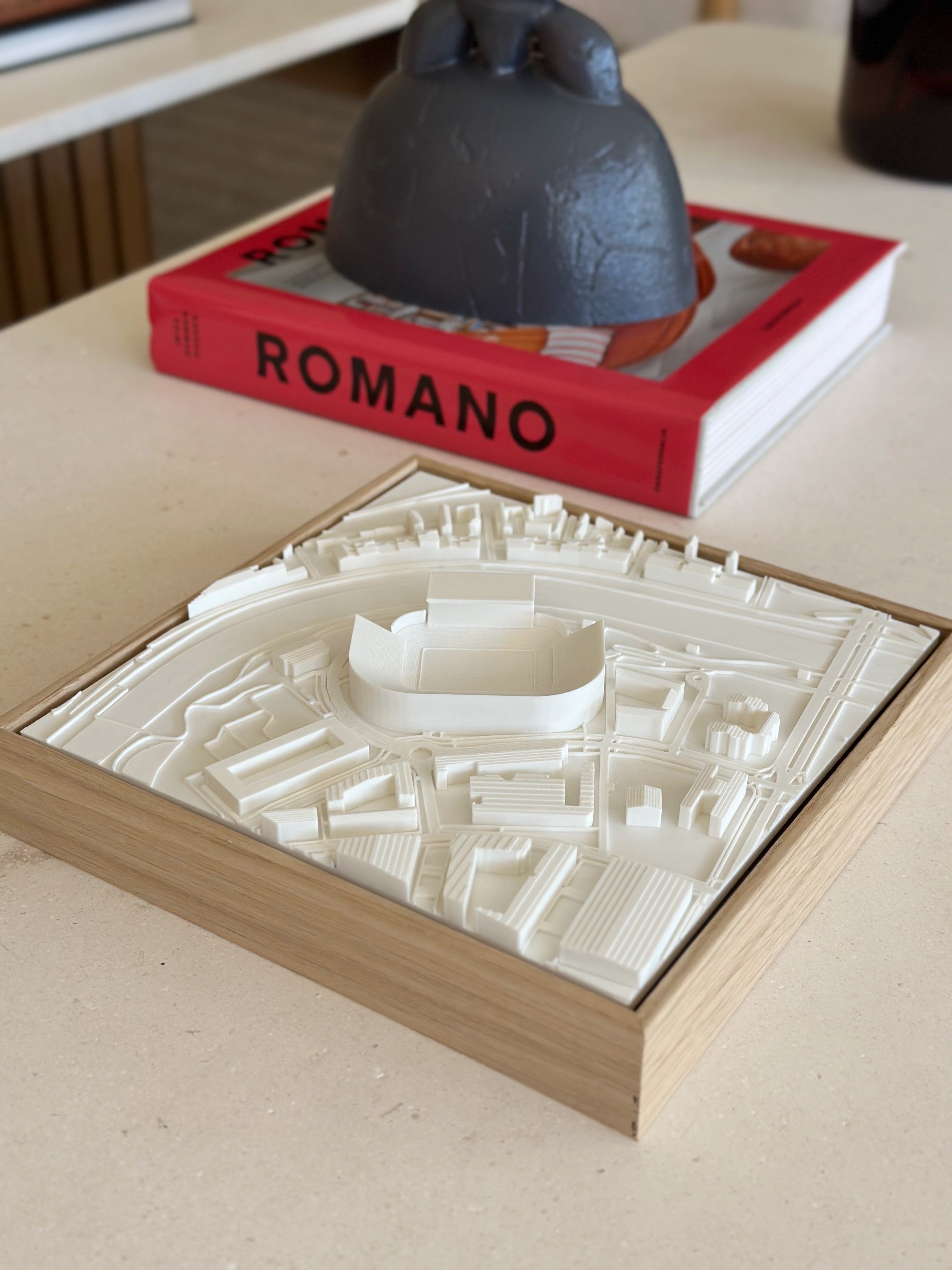 3D city map wall art in wood frame on table, modern decor, architectural model