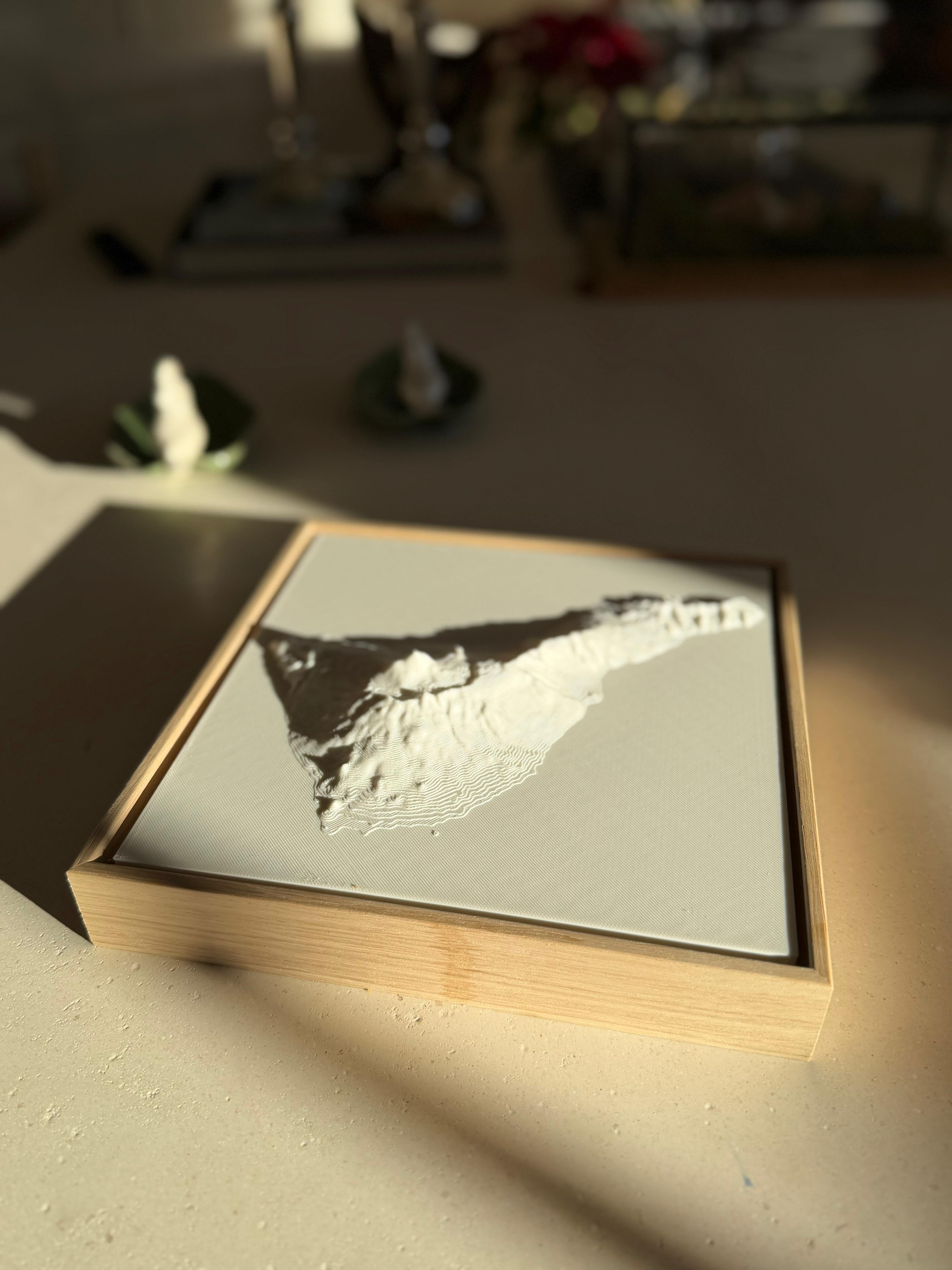 Framed 3D city map artwork with detailed white topography on a light background