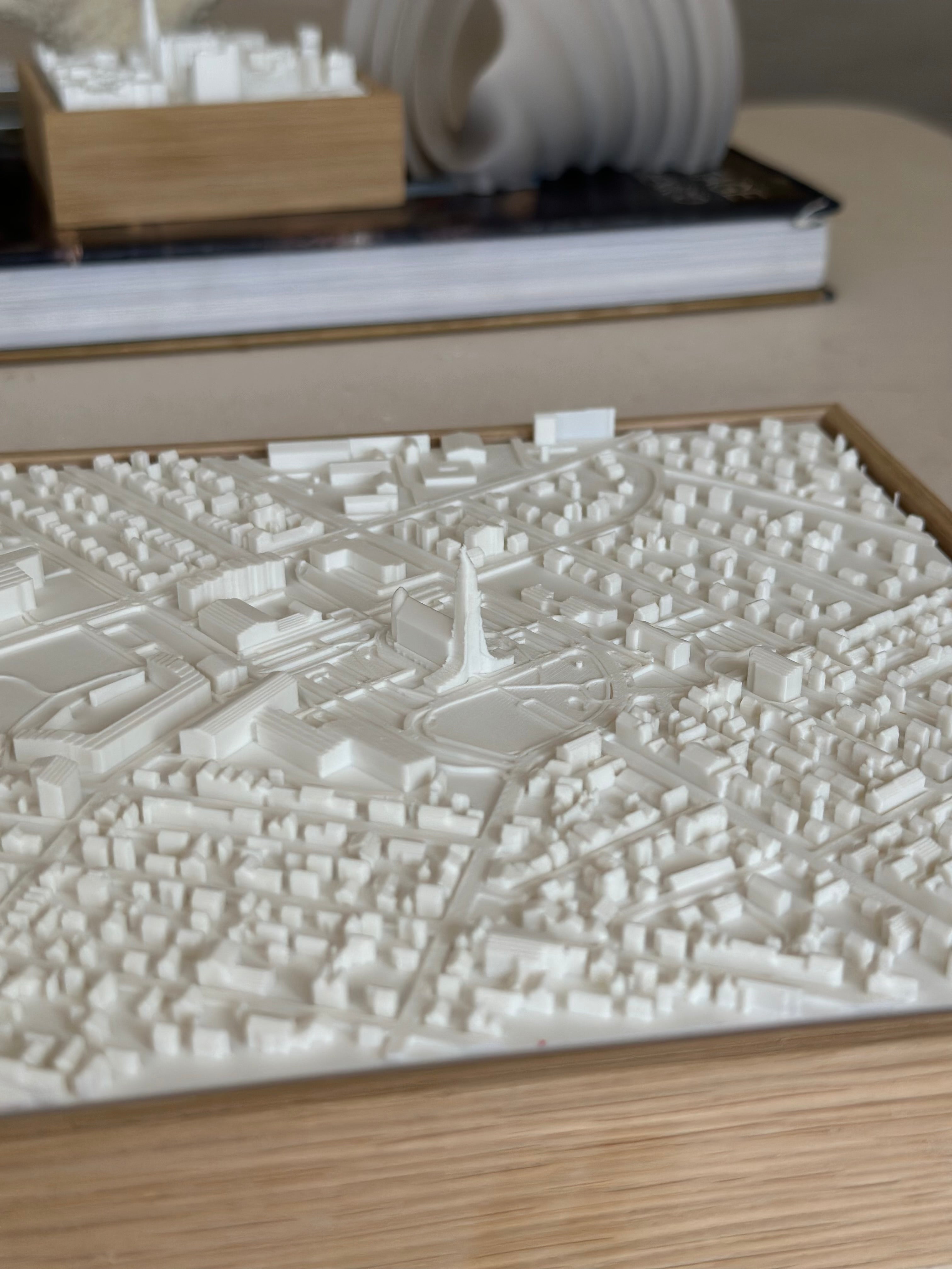 3D city map wall art with detailed buildings and streets on a wooden frame, tabletop decor