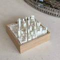3D city map art in wood frame, white miniature skyline, modern home decor accent