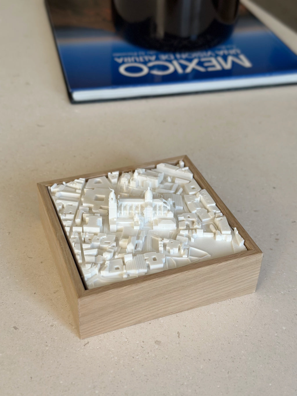 3D city map wall art in a wooden frame, modern decorative cityscape sculpture