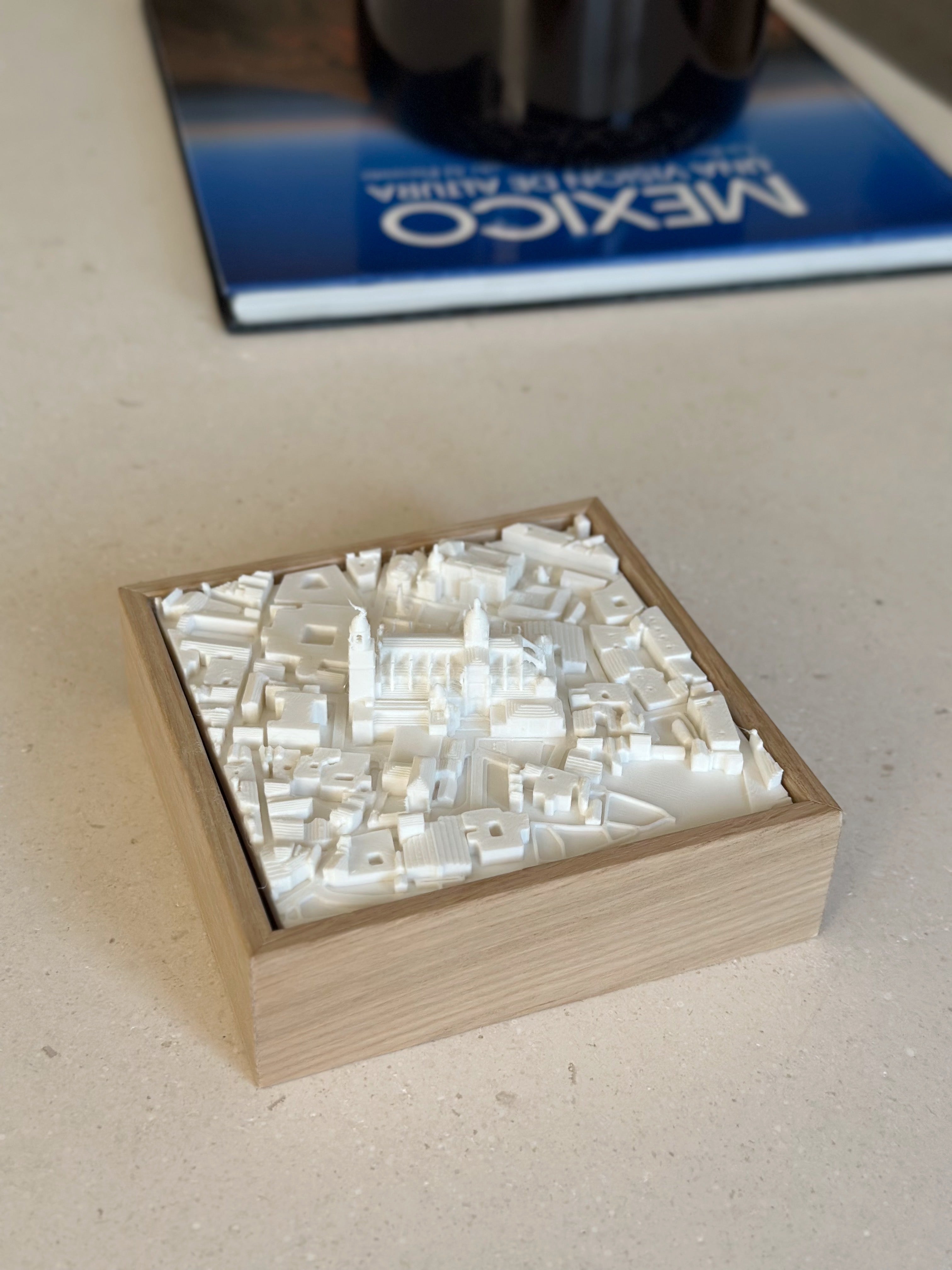 3D city map wall art in a wooden frame, modern decorative cityscape sculpture