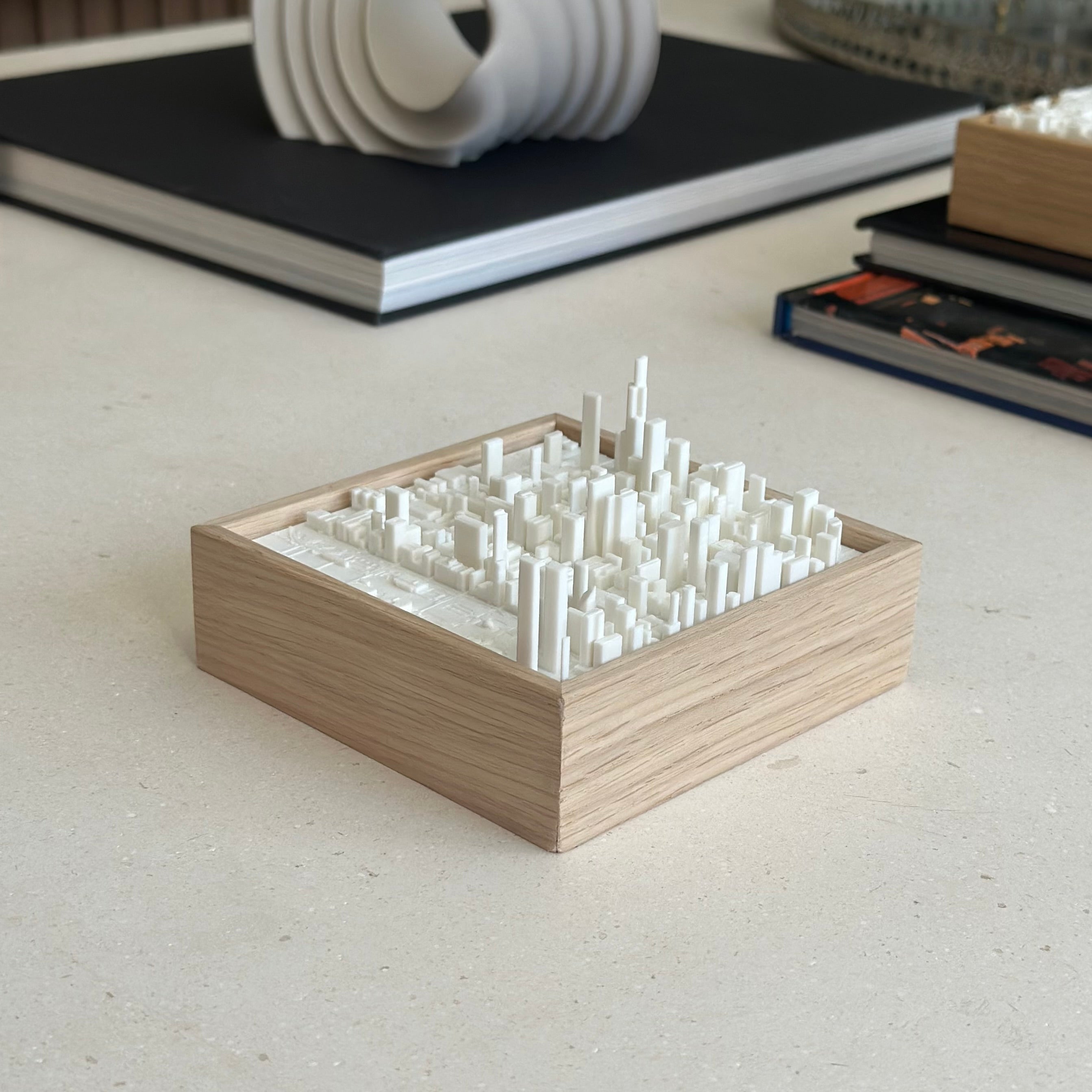 3D city map decor in wooden frame on a modern table, minimalist home decoration