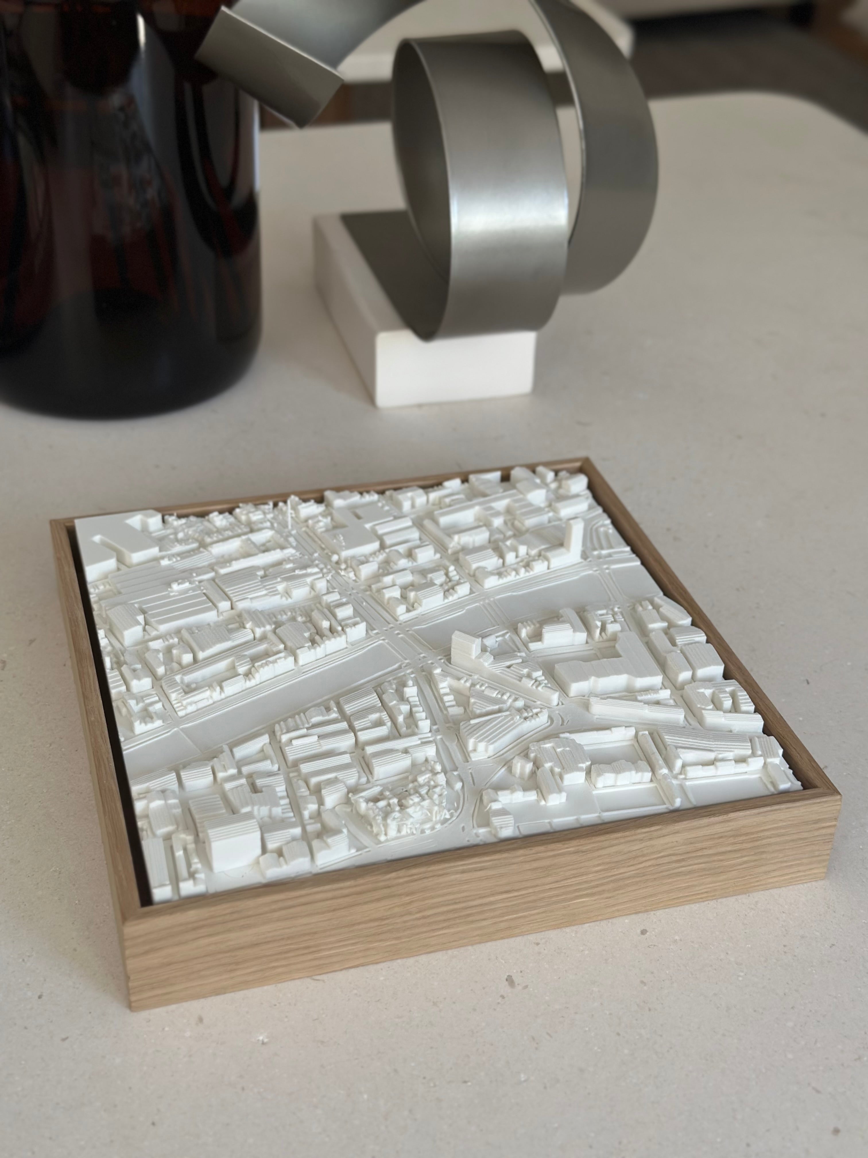 3D city map wall art in wood frame on a modern table, decorative urban decor