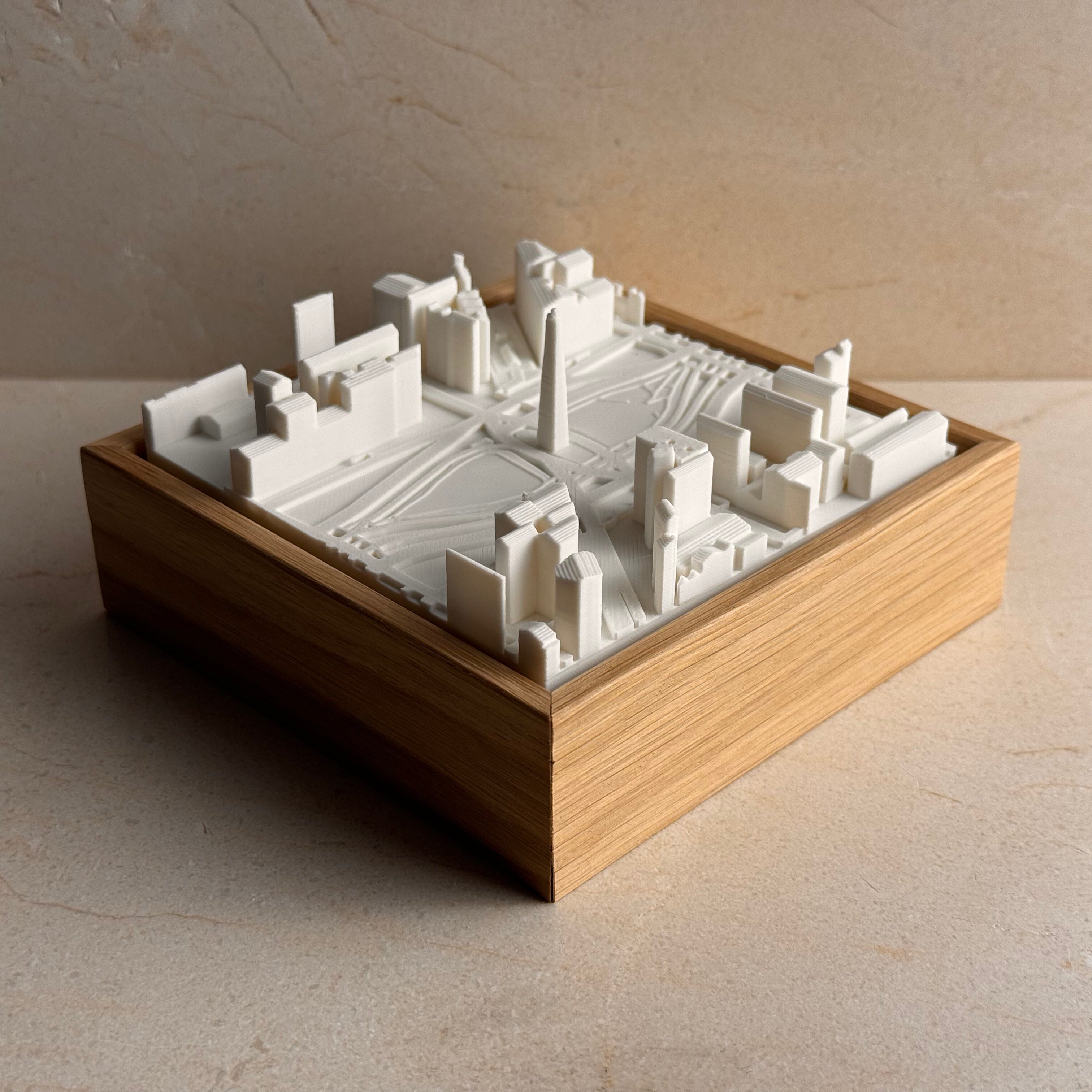 3D Buenos Aires city map in white, framed in wood, decorative miniature artwork