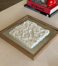3D city map wall art in wooden frame on table, modern home decor, detailed miniature buildings