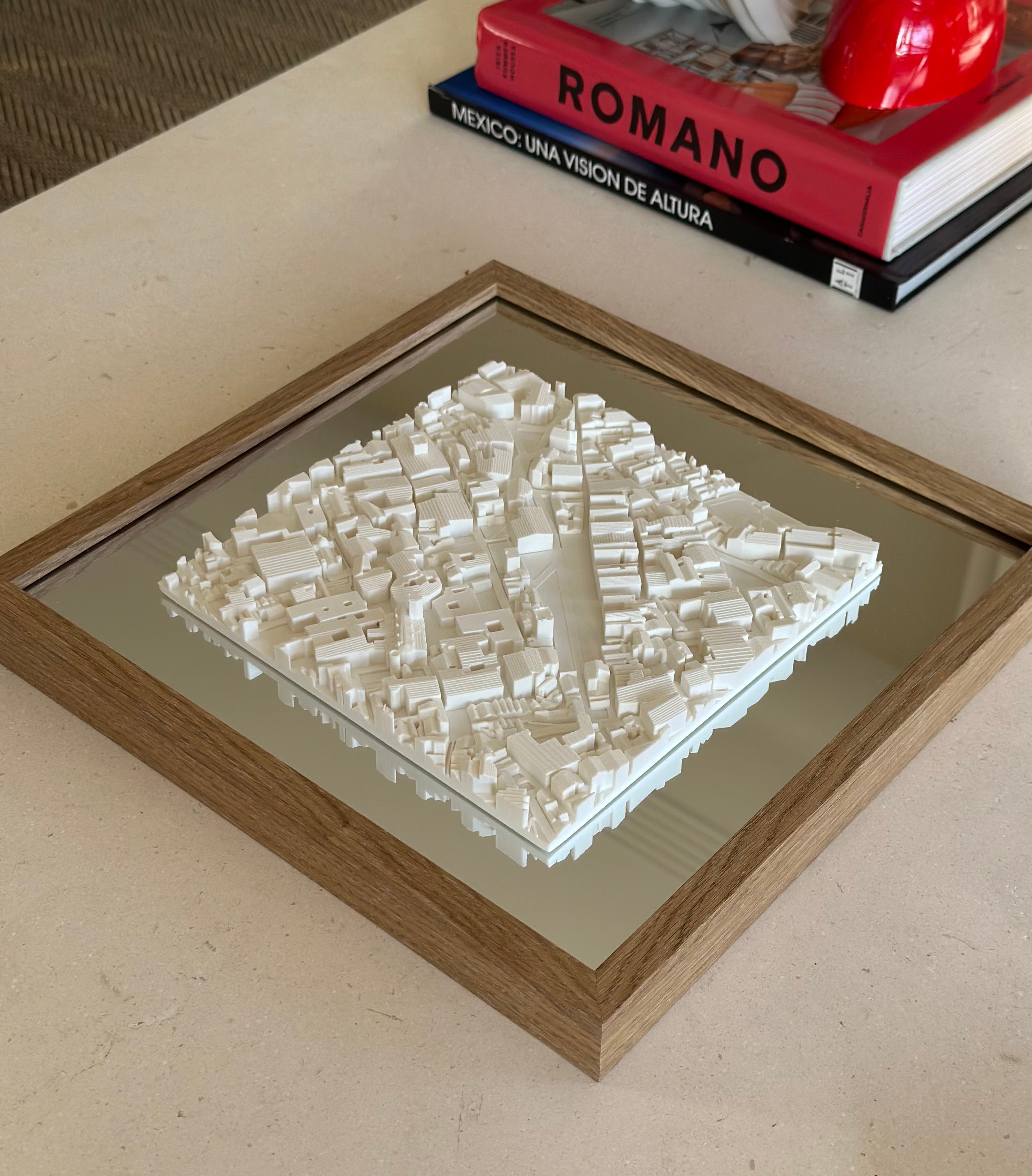 3D city map wall art in wooden frame on table, modern home decor, detailed miniature buildings
