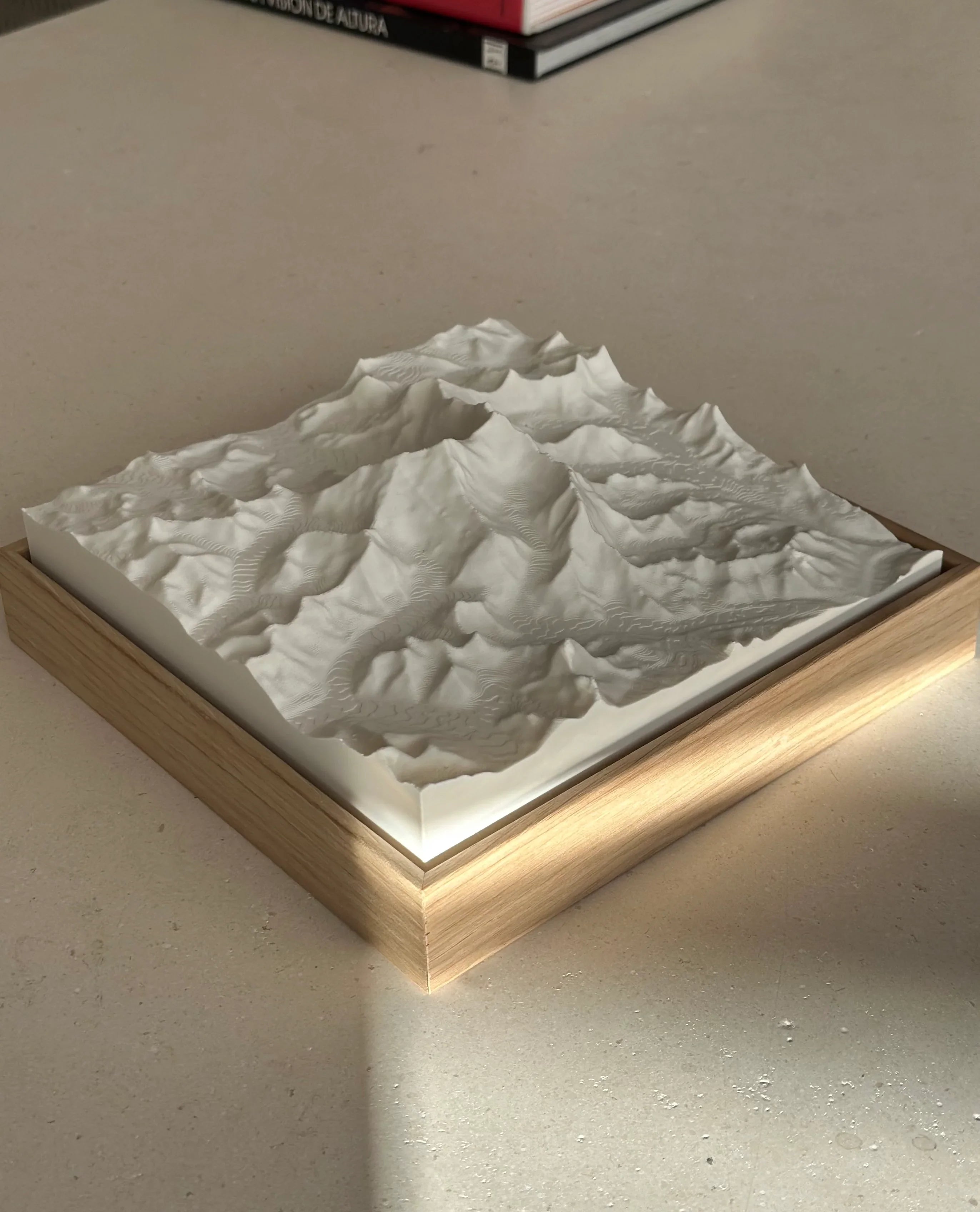 3D relief map art of mountain terrain on a wooden base, minimalist decor