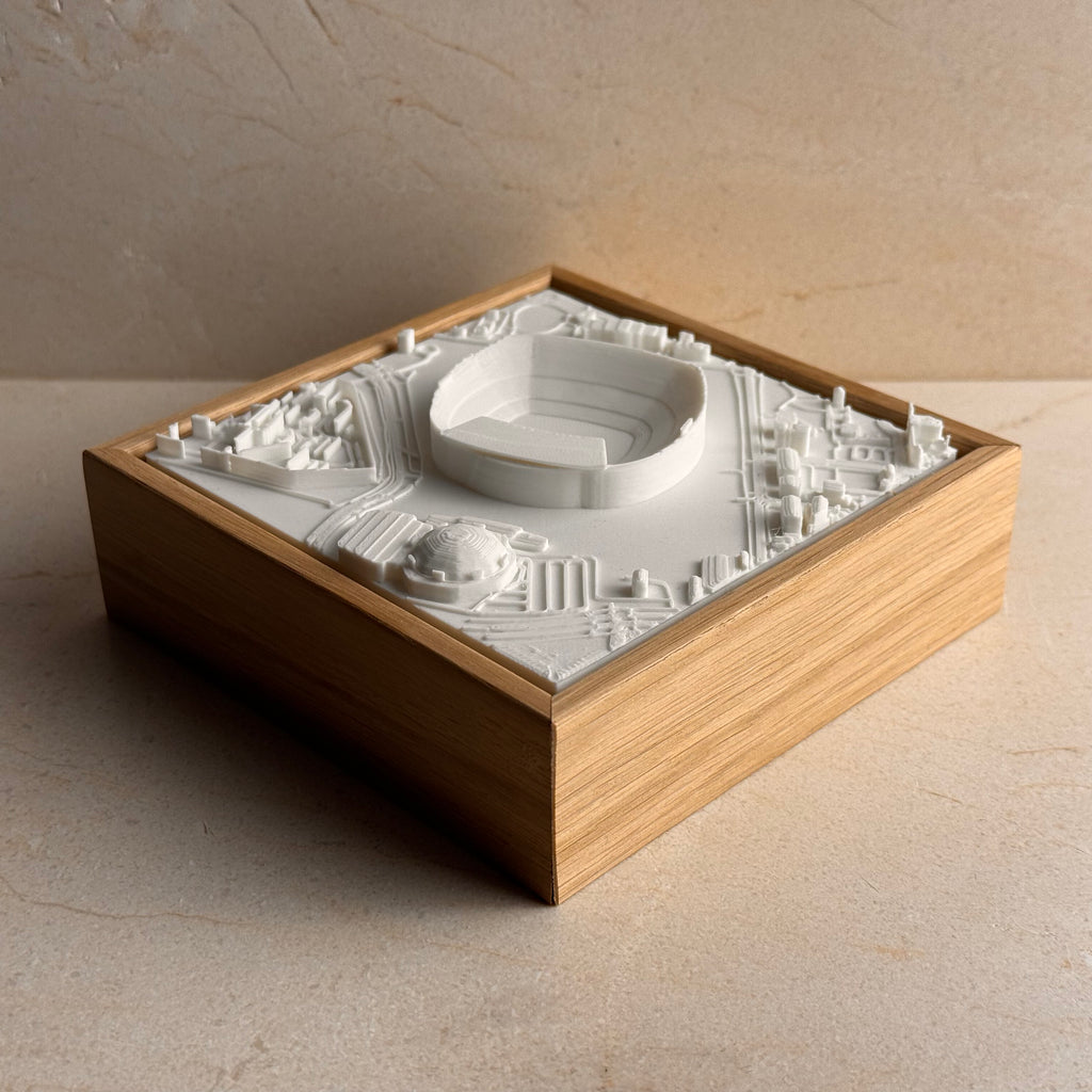 3D map art of Camp Nou stadium in Barcelona, in a wood frame, decorative city model