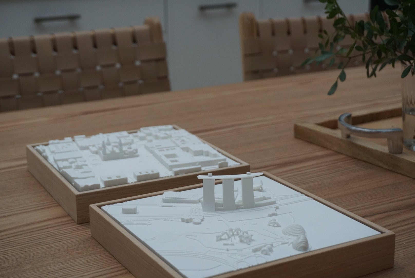 3D city map wall art in wooden frame on a table, modern home decor