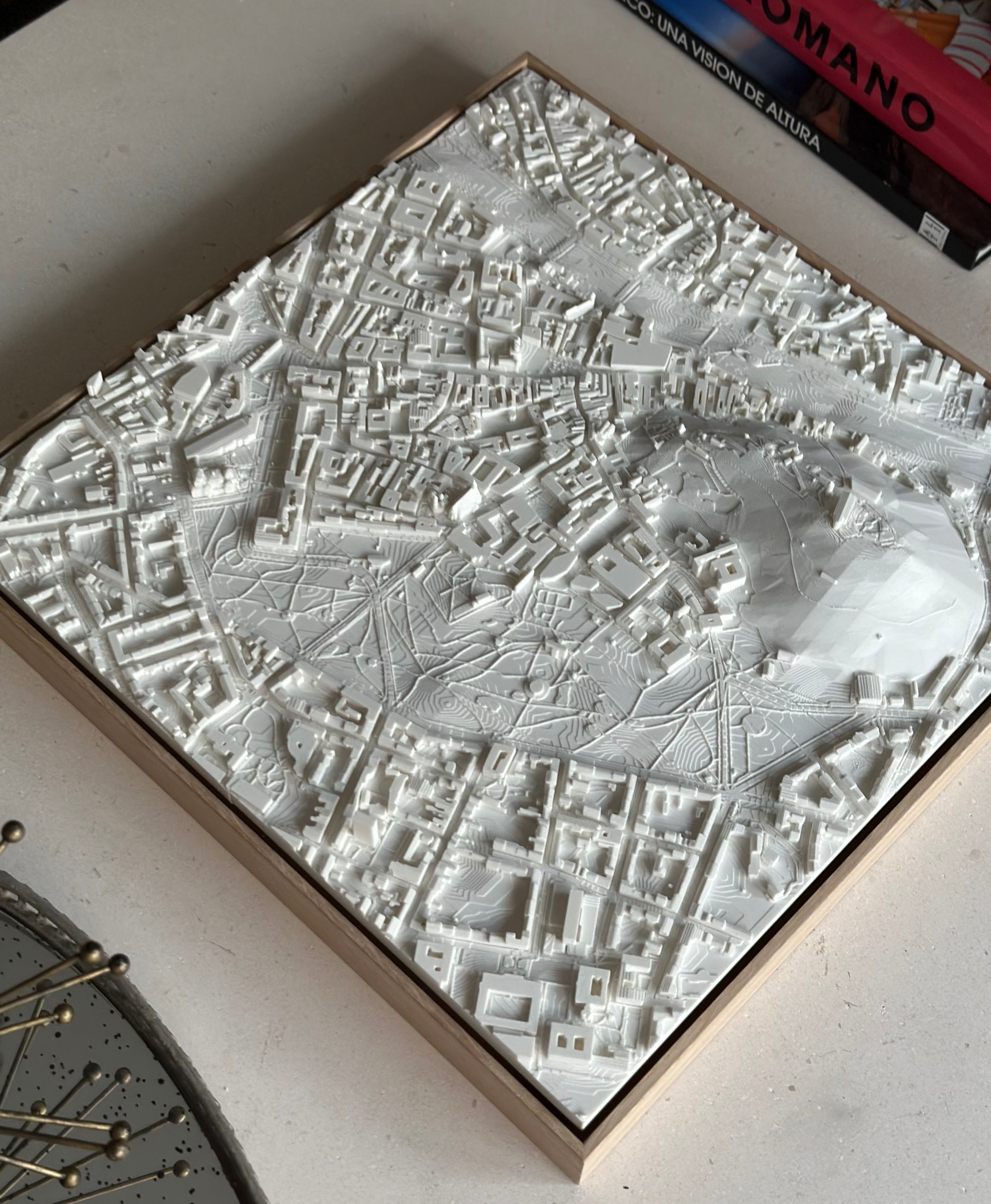 3D city map wall art, white topographic model, modern decorative frame for travelers
