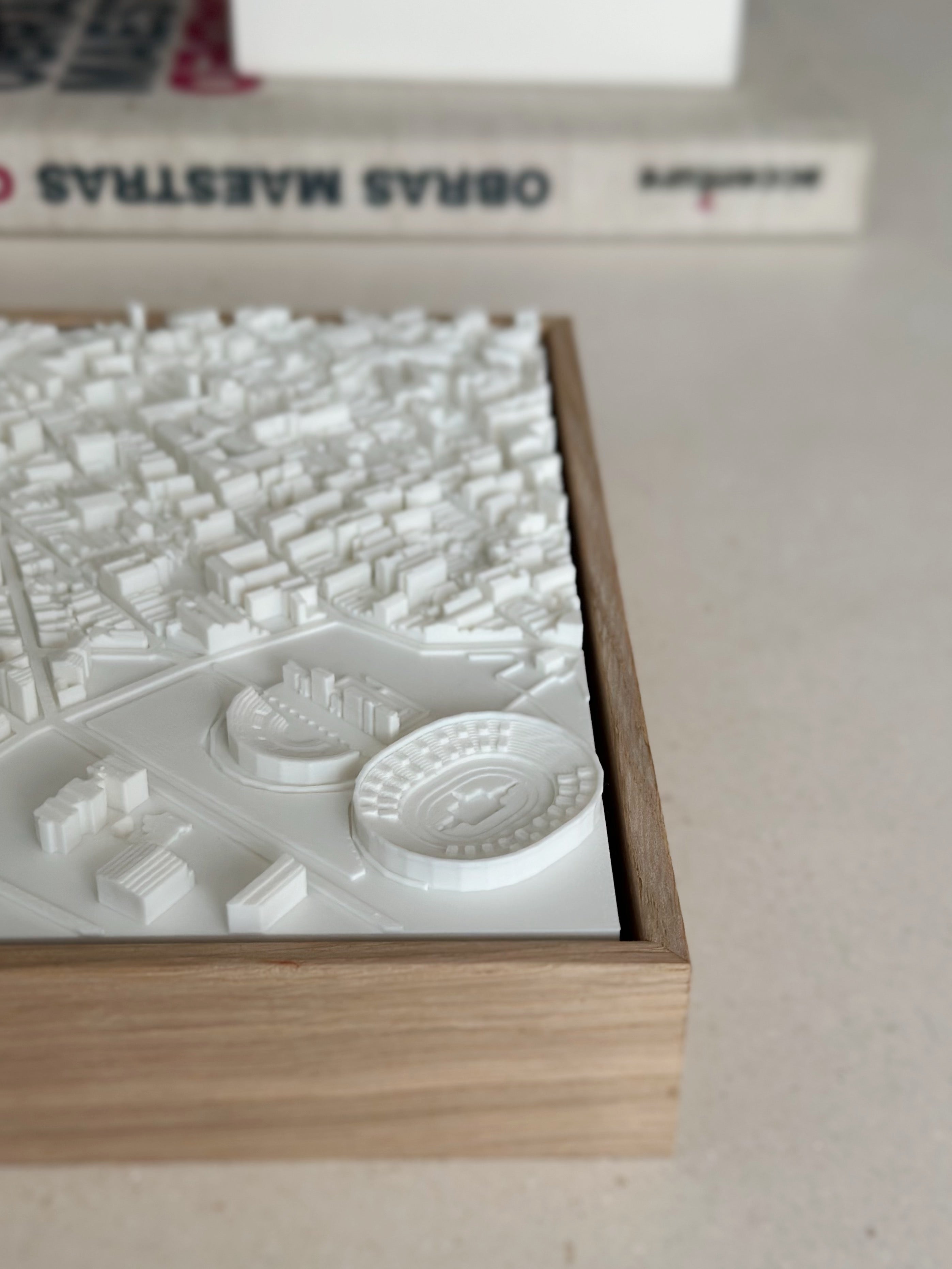 3D city map wall art with detailed white buildings in wooden frame, modern home decor