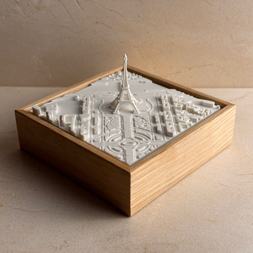3D city map of Paris with Eiffel Tower in a wooden frame, decorative wall art