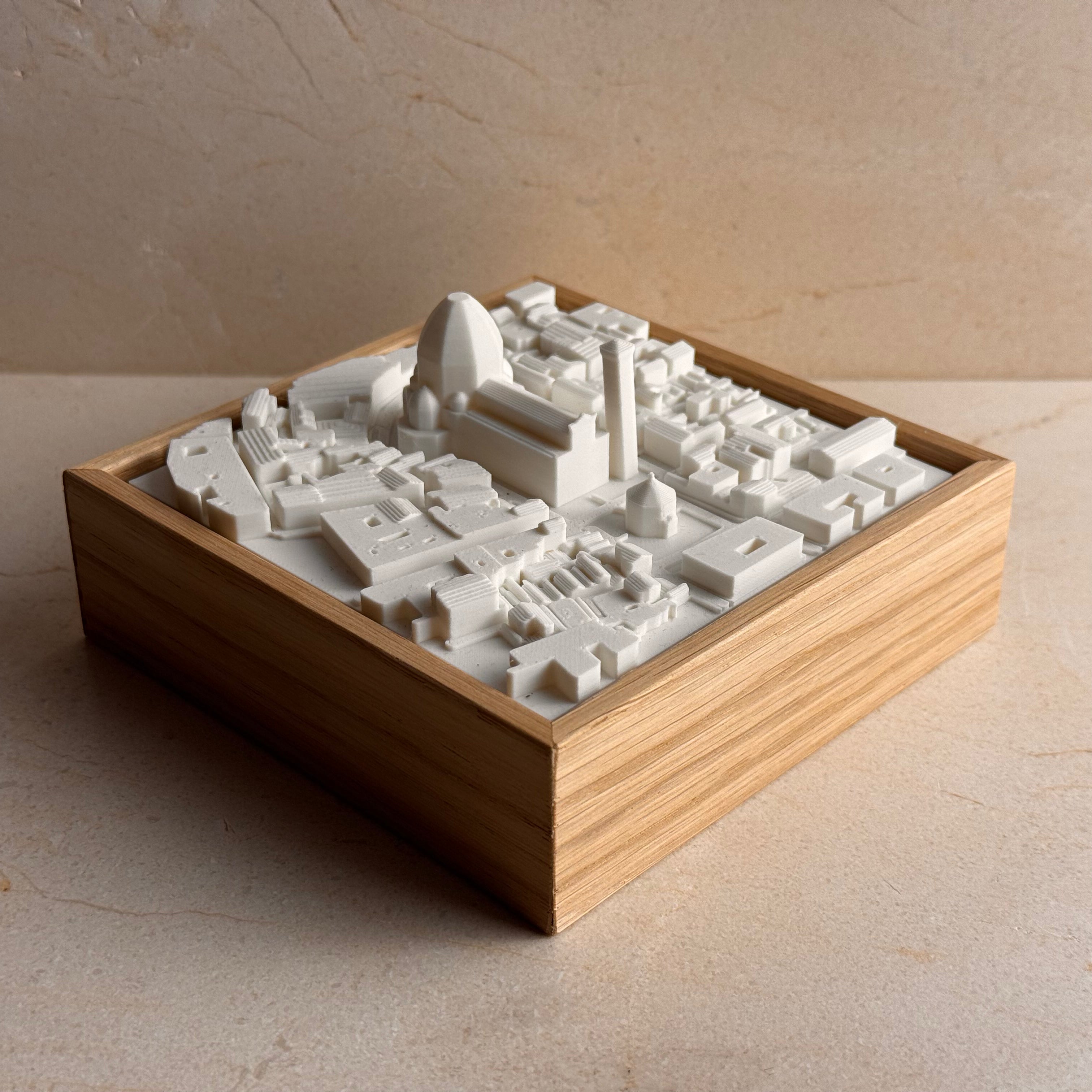 3D city map wall art in a wooden frame, modern cityscape decor sculpture