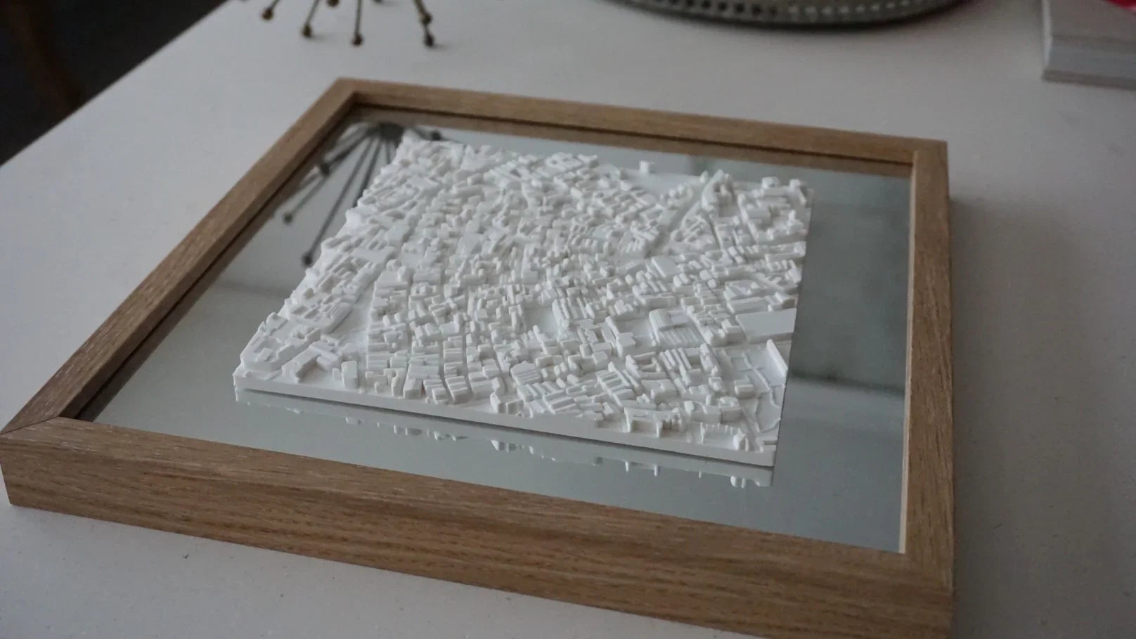 3D city map wall art in a wooden frame, modern home decor accent piece