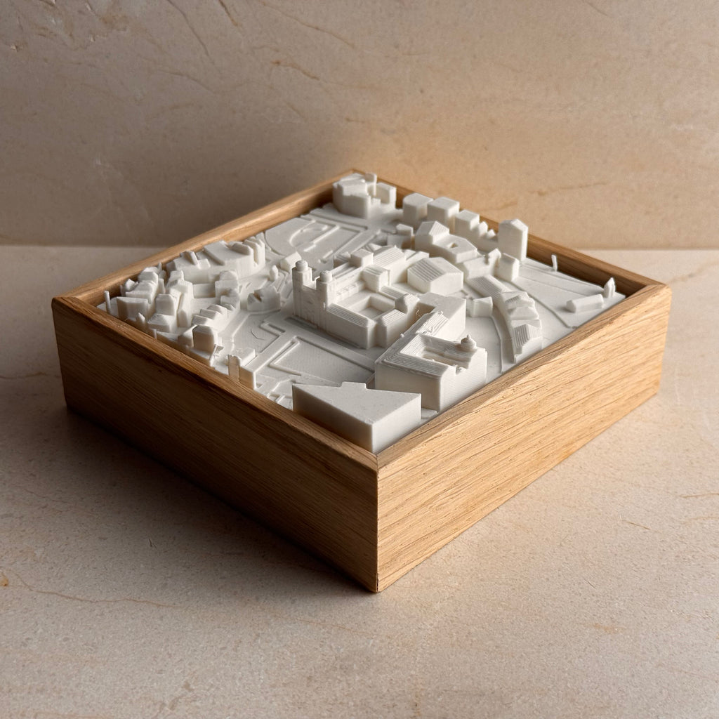 3D city map art in a wooden frame, white miniature buildings, modern home decor