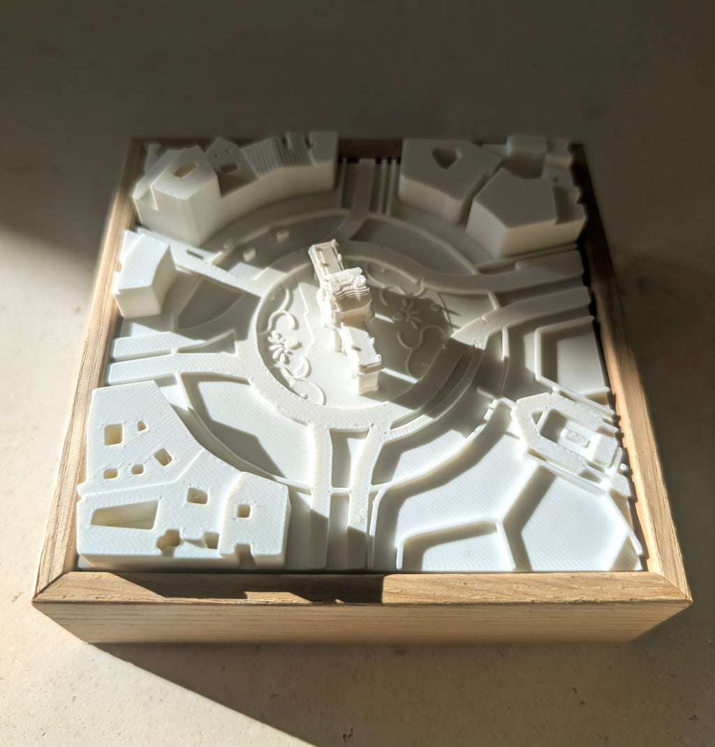 3D city map art with detailed buildings in a wooden frame, modern wall decor for travelers