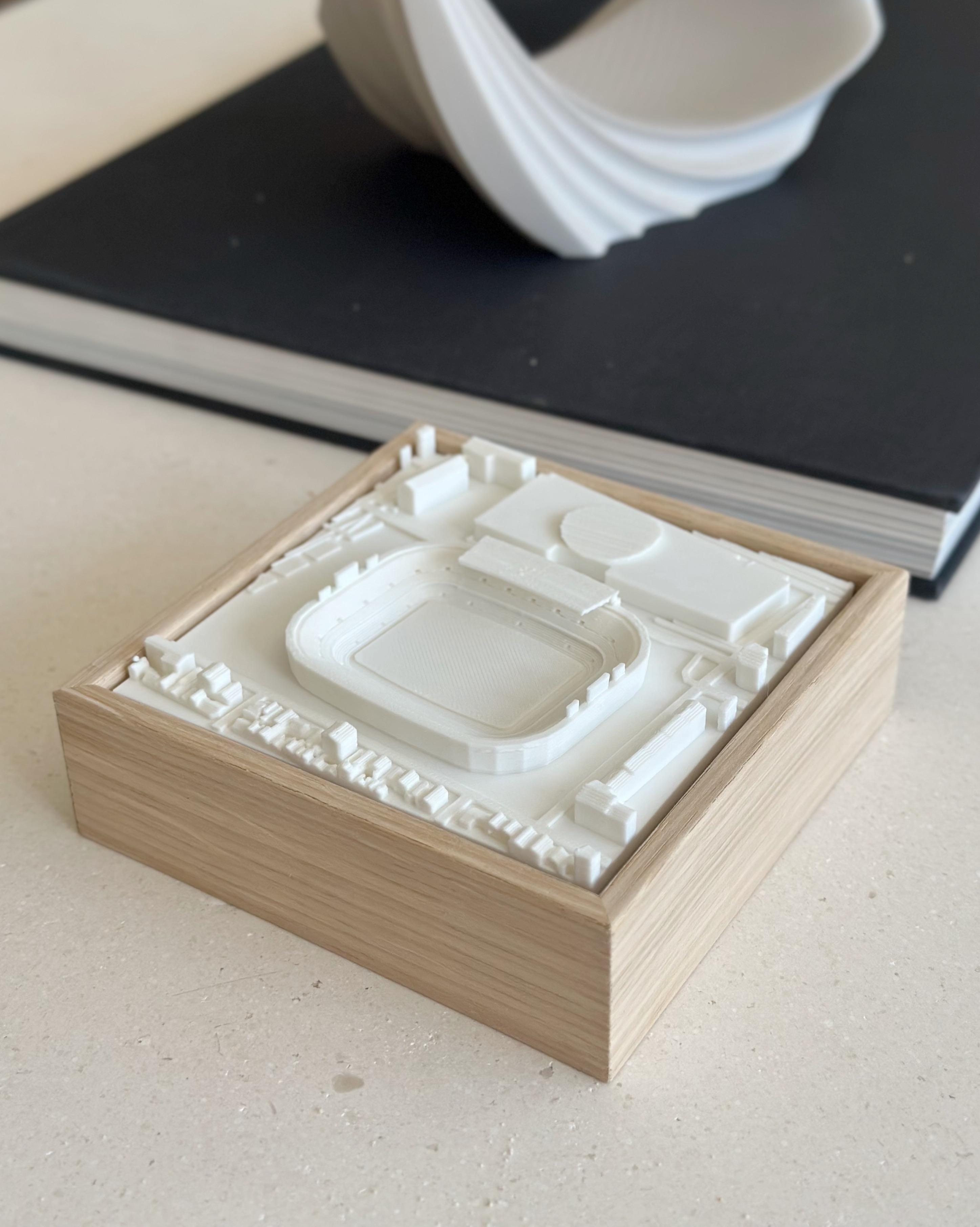 3D city map art in a wooden frame featuring a stadium, modern home decor piece