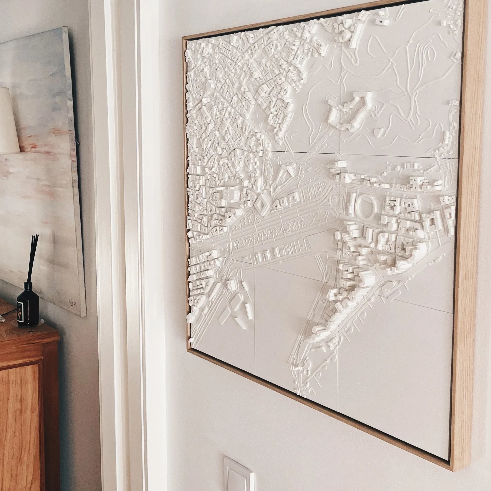 Framed 3D city map wall art in white, modern home interior decor