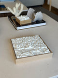 3D city map artwork of Santiago de Compostela in a wooden frame on a modern table