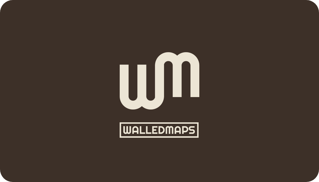 Minimalist business card with cream 'wm' logo and WalledMaps text on a dark brown background